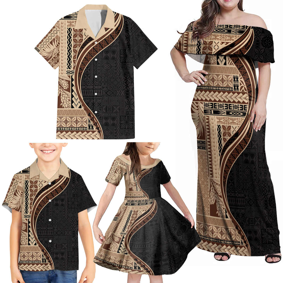 Samoa Siapo Motif and Tapa Pattern Half Style Family Matching Off Shoulder Maxi Dress and Hawaiian Shirt Beige Color