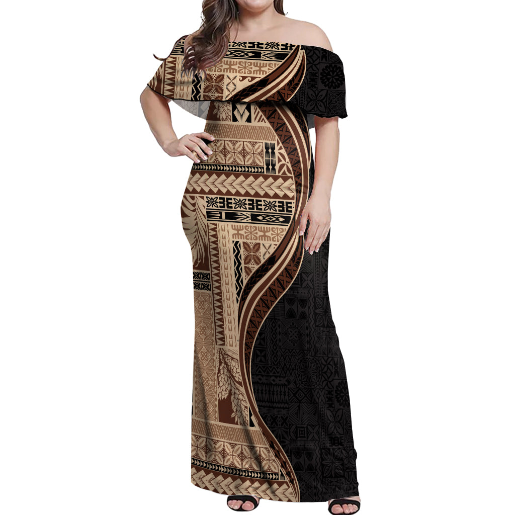 Samoa Siapo Motif and Tapa Pattern Half Style Off Shoulder Maxi Dress Beige Color