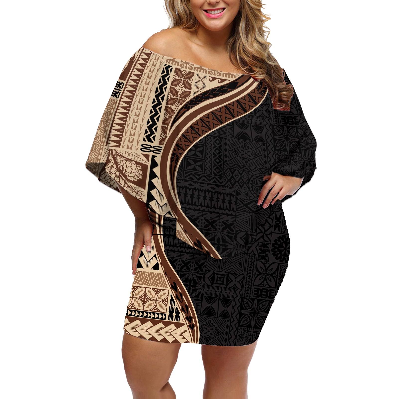 Samoa Siapo Motif and Tapa Pattern Half Style Off Shoulder Short Dress Beige Color