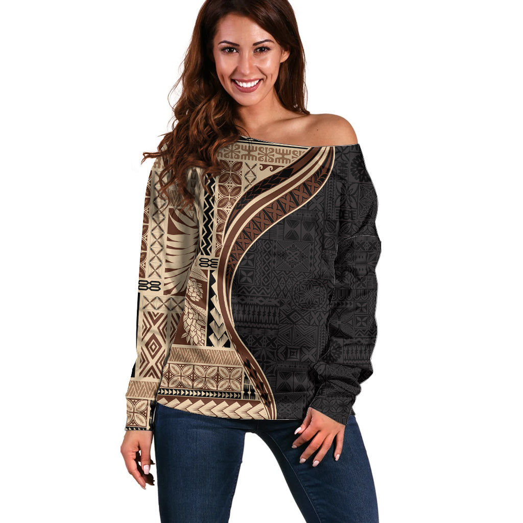 Samoa Siapo Motif and Tapa Pattern Half Style Off Shoulder Sweater Beige Color