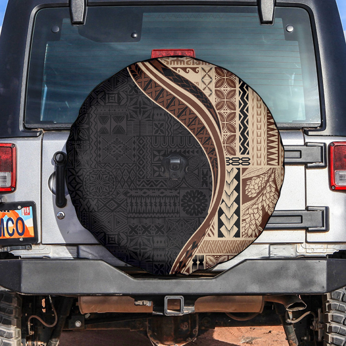 Samoa Siapo Motif and Tapa Pattern Half Style Spare Tire Cover Beige Color