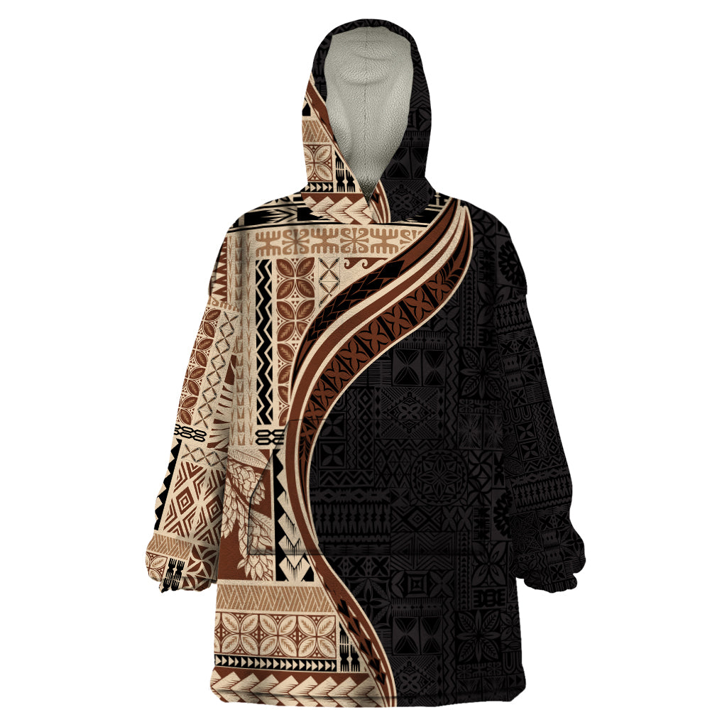 Samoa Siapo Motif and Tapa Pattern Half Style Wearable Blanket Hoodie Beige Color