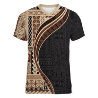 Samoa Siapo Motif and Tapa Pattern Half Style Women V-Neck T-Shirt Beige Color
