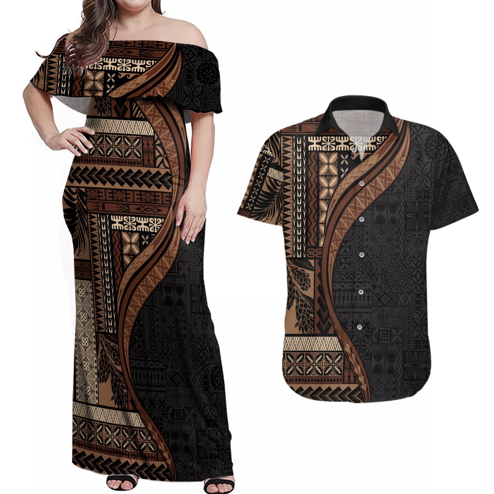 Samoa Siapo Motif and Tapa Pattern Half Style Couples Matching Off Shoulder Maxi Dress and Hawaiian Shirt Black Color