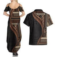 Samoa Siapo Motif and Tapa Pattern Half Style Couples Matching Summer Maxi Dress and Hawaiian Shirt Black Color LT03 - Polynesian Pride