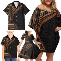 Samoa Siapo Motif and Tapa Pattern Half Style Family Matching Off Shoulder Short Dress and Hawaiian Shirt Black Color