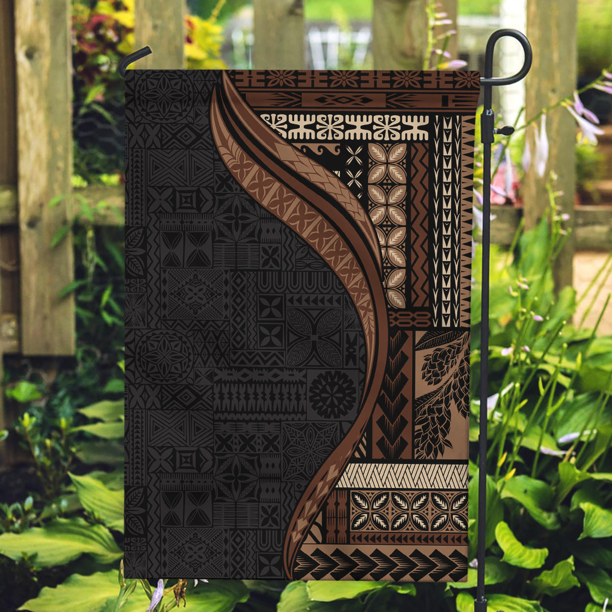 Samoa Siapo Motif and Tapa Pattern Half Style Garden Flag Black Color