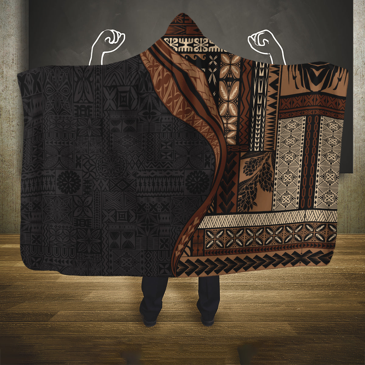 Samoa Siapo Motif and Tapa Pattern Half Style Hooded Blanket Black Color