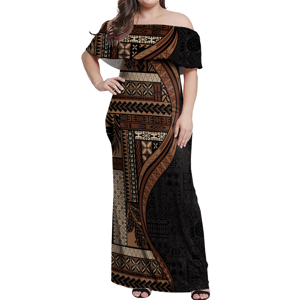 Samoa Siapo Motif and Tapa Pattern Half Style Off Shoulder Maxi Dress Black Color