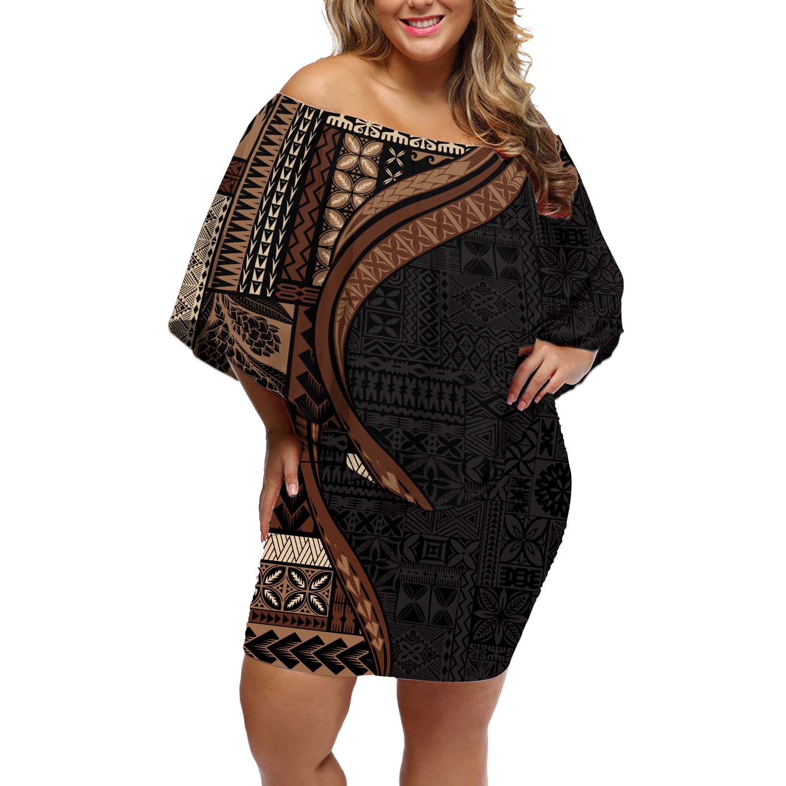Samoa Siapo Motif and Tapa Pattern Half Style Off Shoulder Short Dress Black Color