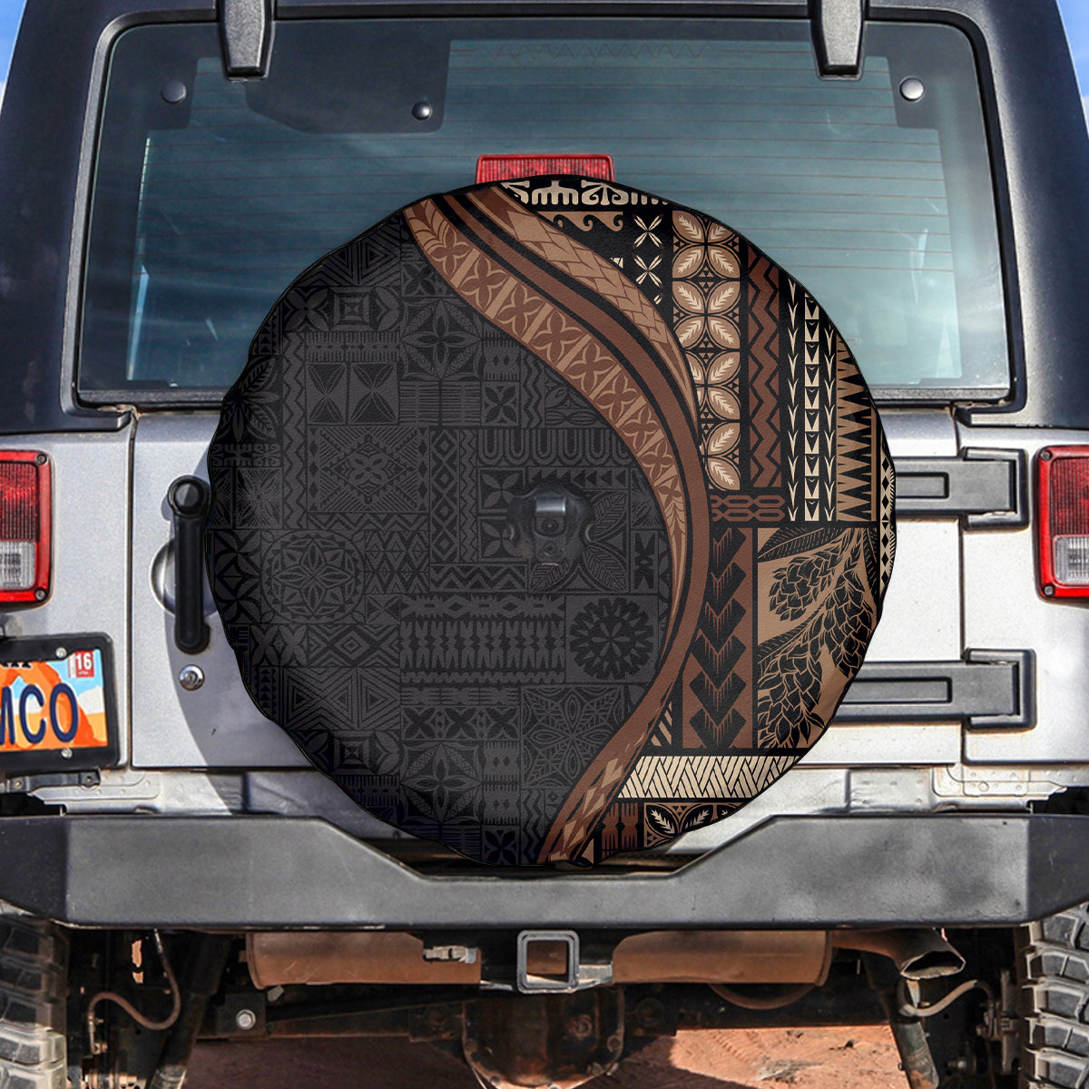 Samoa Siapo Motif and Tapa Pattern Half Style Spare Tire Cover Black Color