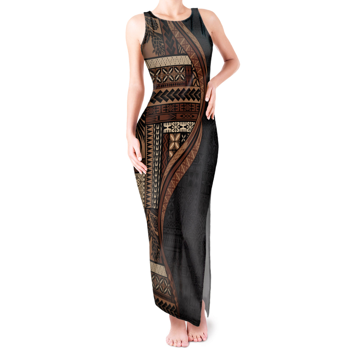 Samoa Siapo Motif and Tapa Pattern Half Style Tank Maxi Dress Black Color