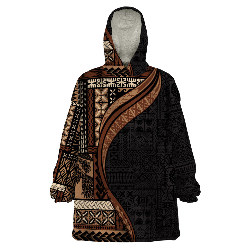 Samoa Siapo Motif and Tapa Pattern Half Style Wearable Blanket Hoodie Black Color