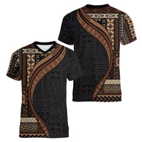 Samoa Siapo Motif and Tapa Pattern Half Style Women V-Neck T-Shirt Black Color