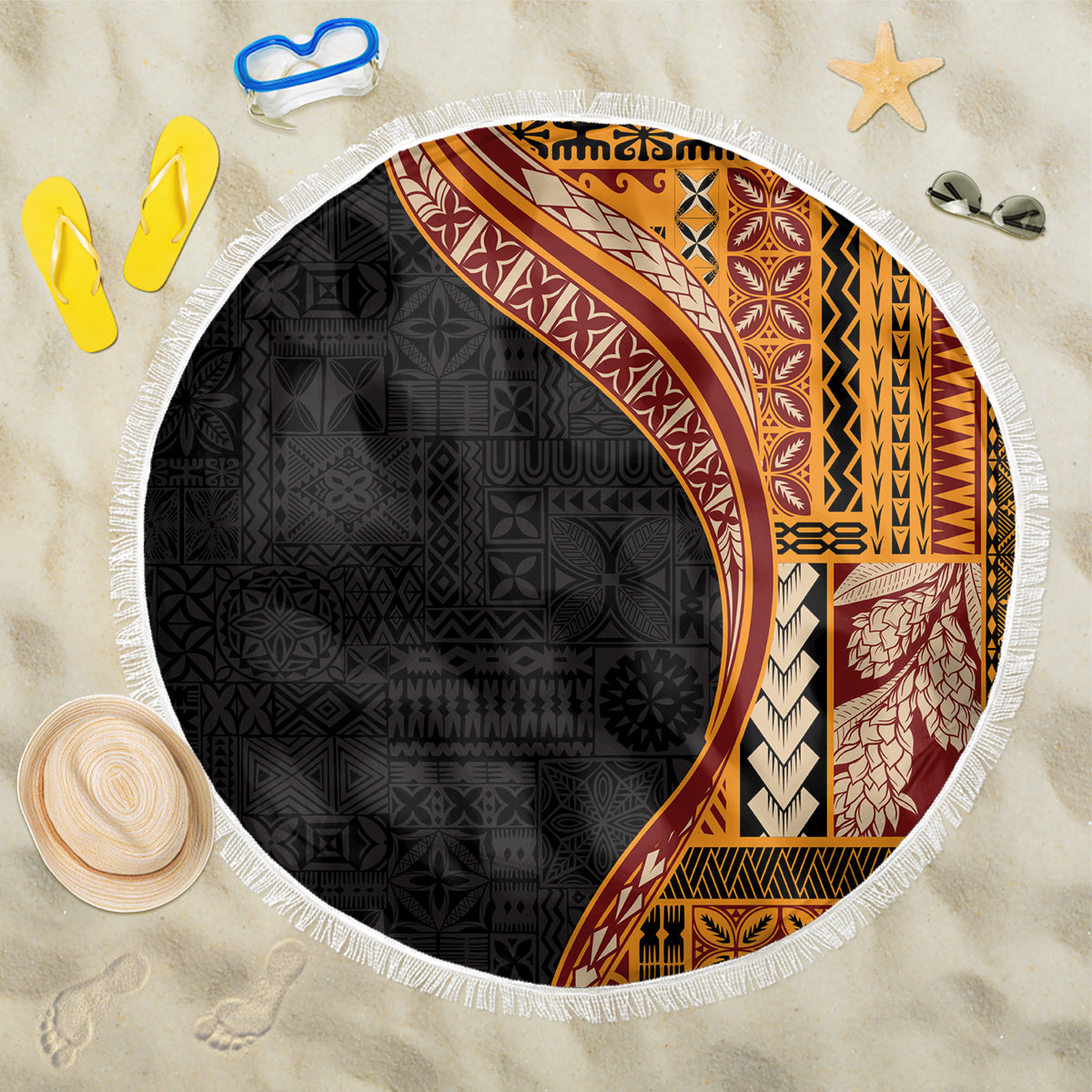 Samoa Siapo Motif and Tapa Pattern Half Style Beach Blanket Yellow Color