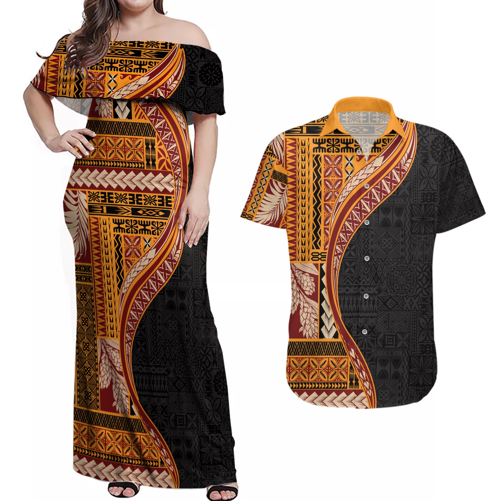 Samoa Siapo Motif and Tapa Pattern Half Style Couples Matching Off Shoulder Maxi Dress and Hawaiian Shirt Yellow Color