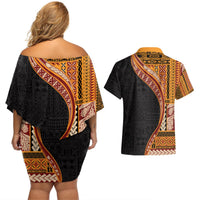 Samoa Siapo Motif and Tapa Pattern Half Style Couples Matching Off Shoulder Short Dress and Hawaiian Shirt Yellow Color LT03 - Polynesian Pride