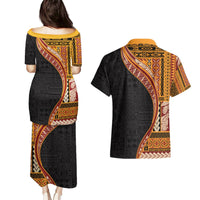 Samoa Siapo Motif and Tapa Pattern Half Style Couples Matching Puletasi and Hawaiian Shirt Yellow Color LT03 - Polynesian Pride
