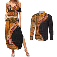 Samoa Siapo Motif and Tapa Pattern Half Style Couples Matching Summer Maxi Dress and Long Sleeve Button Shirt Yellow Color LT03 Yellow - Polynesian Pride