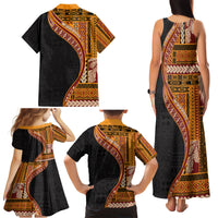 Samoa Siapo Motif and Tapa Pattern Half Style Family Matching Tank Maxi Dress and Hawaiian Shirt Yellow Color