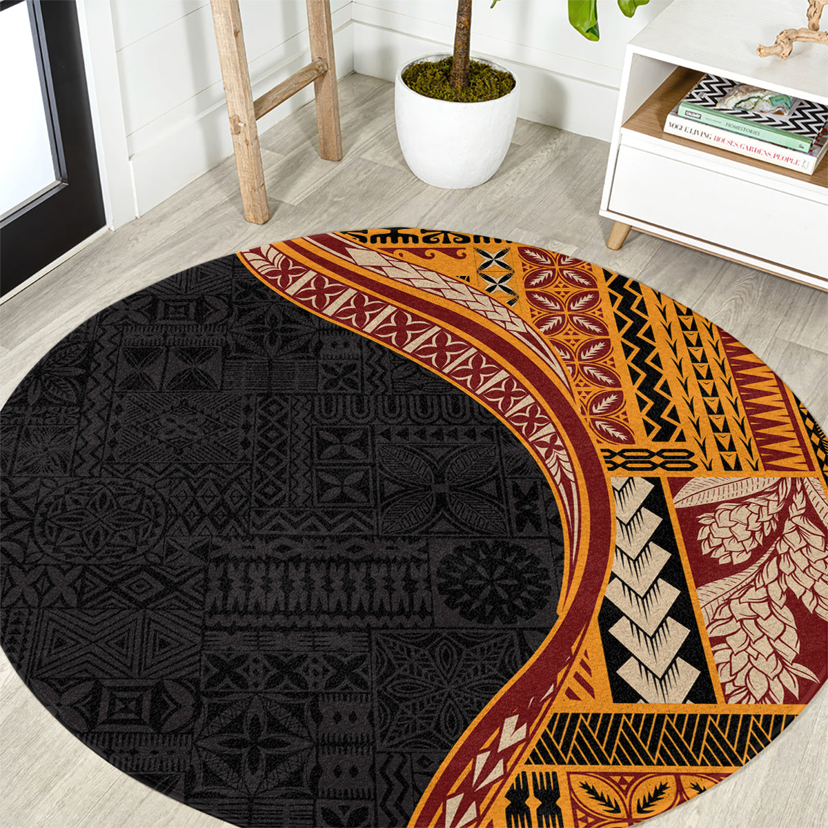 Samoa Siapo Motif and Tapa Pattern Half Style Round Carpet Yellow Color