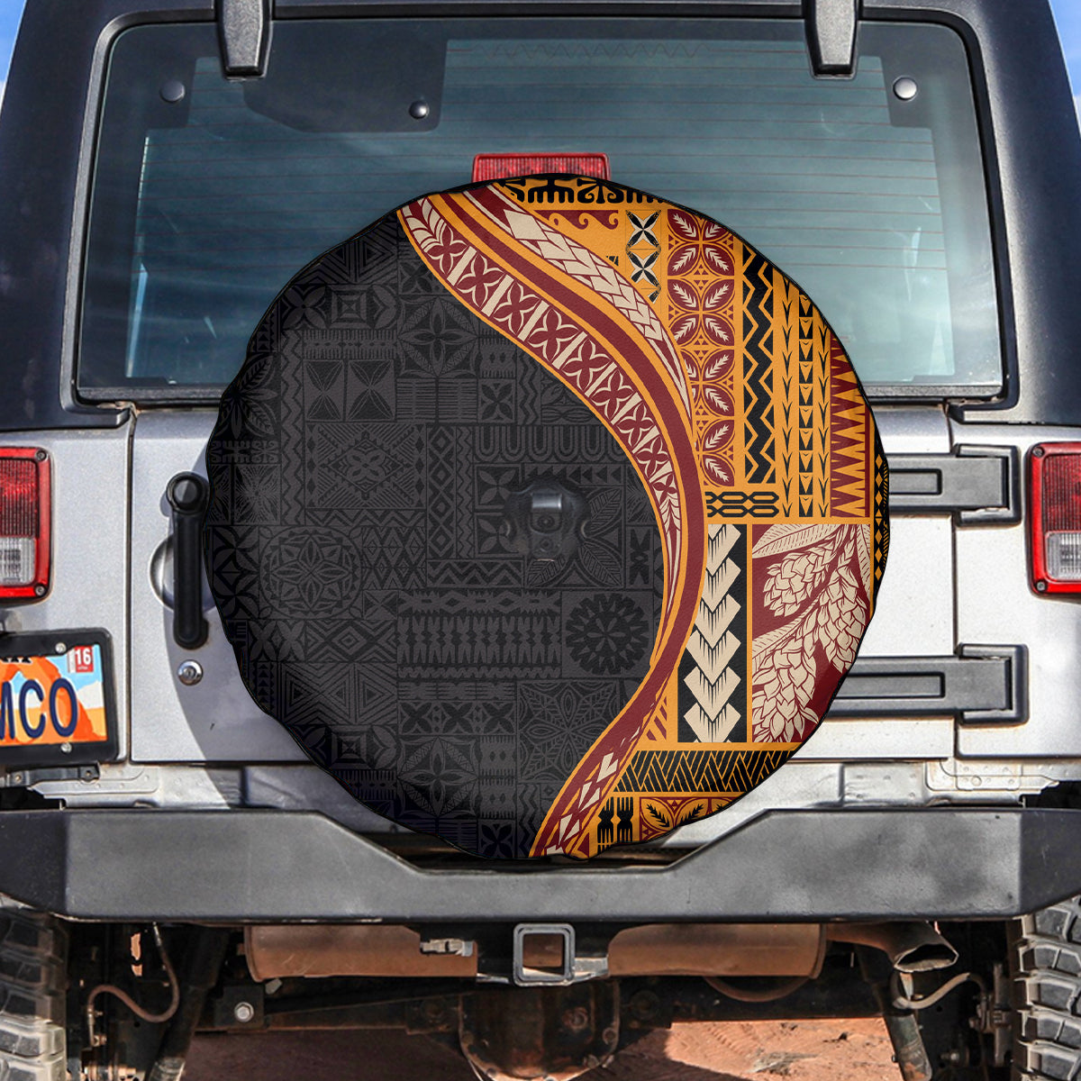 Samoa Siapo Motif and Tapa Pattern Half Style Spare Tire Cover Yellow Color