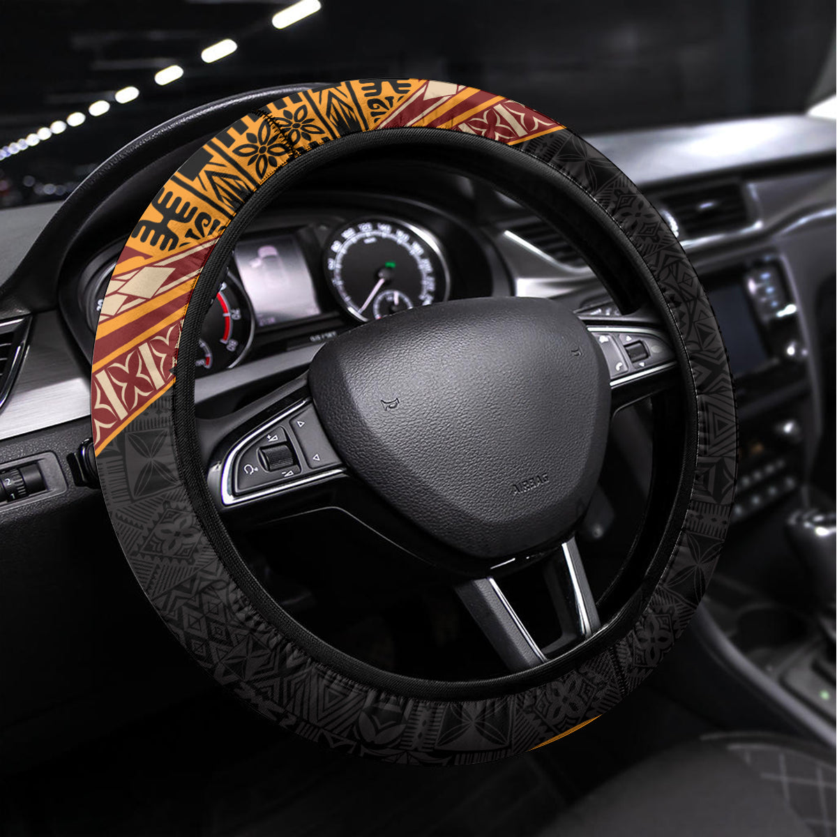 Samoa Siapo Motif and Tapa Pattern Half Style Steering Wheel Cover Yellow Color