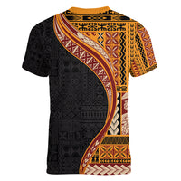 Samoa Siapo Motif and Tapa Pattern Half Style Women V-Neck T-Shirt Yellow Color