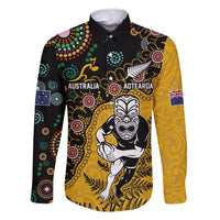 Custom New Zealand and Australia Rugby Family Matching Off Shoulder Short Dress and Hawaiian Shirt Maori Warrior With Aboriginal Version