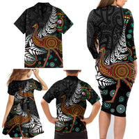 New Zealand Fern and Australia Emu Family Matching Long Sleeve Bodycon Dress and Hawaiian Shirt Aboriginal Mix Maori Pattern
