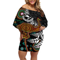 New Zealand Fern and Australia Emu Off Shoulder Short Dress Aboriginal Mix Maori Pattern LT03 Women Blue - Polynesian Pride