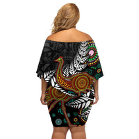 New Zealand Fern and Australia Emu Off Shoulder Short Dress Aboriginal Mix Maori Pattern LT03 - Polynesian Pride