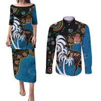 Fiji Palm Tree and Australia Kangaroo Couples Matching Puletasi and Long Sleeve Button Shirt Aboriginal Mix Tapa Pattern