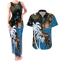 Fiji Palm Tree and Australia Kangaroo Couples Matching Tank Maxi Dress and Hawaiian Shirt Aboriginal Mix Tapa Pattern