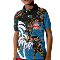 Fiji Palm Tree and Australia Kangaroo Kid Polo Shirt Aboriginal Mix Tapa Pattern