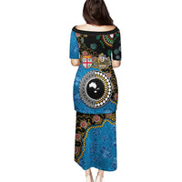 Fiji Palm Tree and Australia Kangaroo Puletasi Aboriginal Mix Tapa Pattern