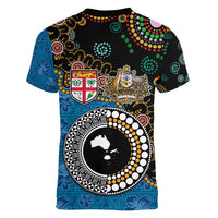 Fiji Palm Tree and Australia Kangaroo Women V-Neck T-Shirt Aboriginal Mix Tapa Pattern