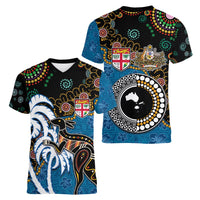 Fiji Palm Tree and Australia Kangaroo Women V-Neck T-Shirt Aboriginal Mix Tapa Pattern
