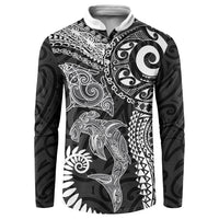 Aotearoa Maori Sea Animals Tribal Button Sweatshirt Manta Ray and Shark Moko Pattern Black Color