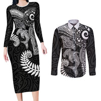 Aotearoa Maori Sea Animals Tribal Couples Matching Long Sleeve Bodycon Dress and Long Sleeve Button Shirt Manta Ray and Shark Moko Pattern Black Color