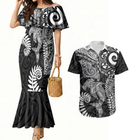 Aotearoa Maori Sea Animals Tribal Couples Matching Mermaid Dress and Hawaiian Shirt Manta Ray and Shark Moko Pattern Black Color LT03 Black - Polynesian Pride