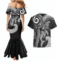 Aotearoa Maori Sea Animals Tribal Couples Matching Mermaid Dress and Hawaiian Shirt Manta Ray and Shark Moko Pattern Black Color