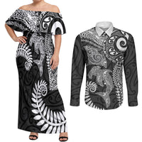 Aotearoa Maori Sea Animals Tribal Couples Matching Off Shoulder Maxi Dress and Long Sleeve Button Shirt Manta Ray and Shark Moko Pattern Black Color LT03 Black - Polynesian Pride
