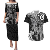 Aotearoa Maori Sea Animals Tribal Couples Matching Puletasi and Hawaiian Shirt Manta Ray and Shark Moko Pattern Black Color