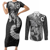 Aotearoa Maori Sea Animals Tribal Couples Matching Short Sleeve Bodycon Dress and Long Sleeve Button Shirt Manta Ray and Shark Moko Pattern Black Color LT03 Black - Polynesian Pride