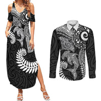 Aotearoa Maori Sea Animals Tribal Couples Matching Summer Maxi Dress and Long Sleeve Button Shirt Manta Ray and Shark Moko Pattern Black Color