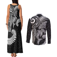 Aotearoa Maori Sea Animals Tribal Couples Matching Tank Maxi Dress and Long Sleeve Button Shirt Manta Ray and Shark Moko Pattern Black Color