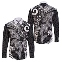 Aotearoa Maori Sea Animals Tribal Family Matching Long Sleeve Bodycon Dress and Hawaiian Shirt Manta Ray and Shark Moko Pattern Black Color LT03 Dad's Shirt - Long Sleeve Black - Polynesian Pride