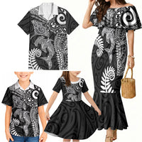 Aotearoa Maori Sea Animals Tribal Family Matching Mermaid Dress and Hawaiian Shirt Manta Ray and Shark Moko Pattern Black Color LT03 - Polynesian Pride
