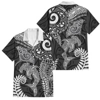 Aotearoa Maori Sea Animals Tribal Family Matching Mermaid Dress and Hawaiian Shirt Manta Ray and Shark Moko Pattern Black Color LT03 Dad's Shirt - Short Sleeve Black - Polynesian Pride
